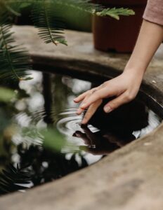 unrecognizable woman touching water in garden